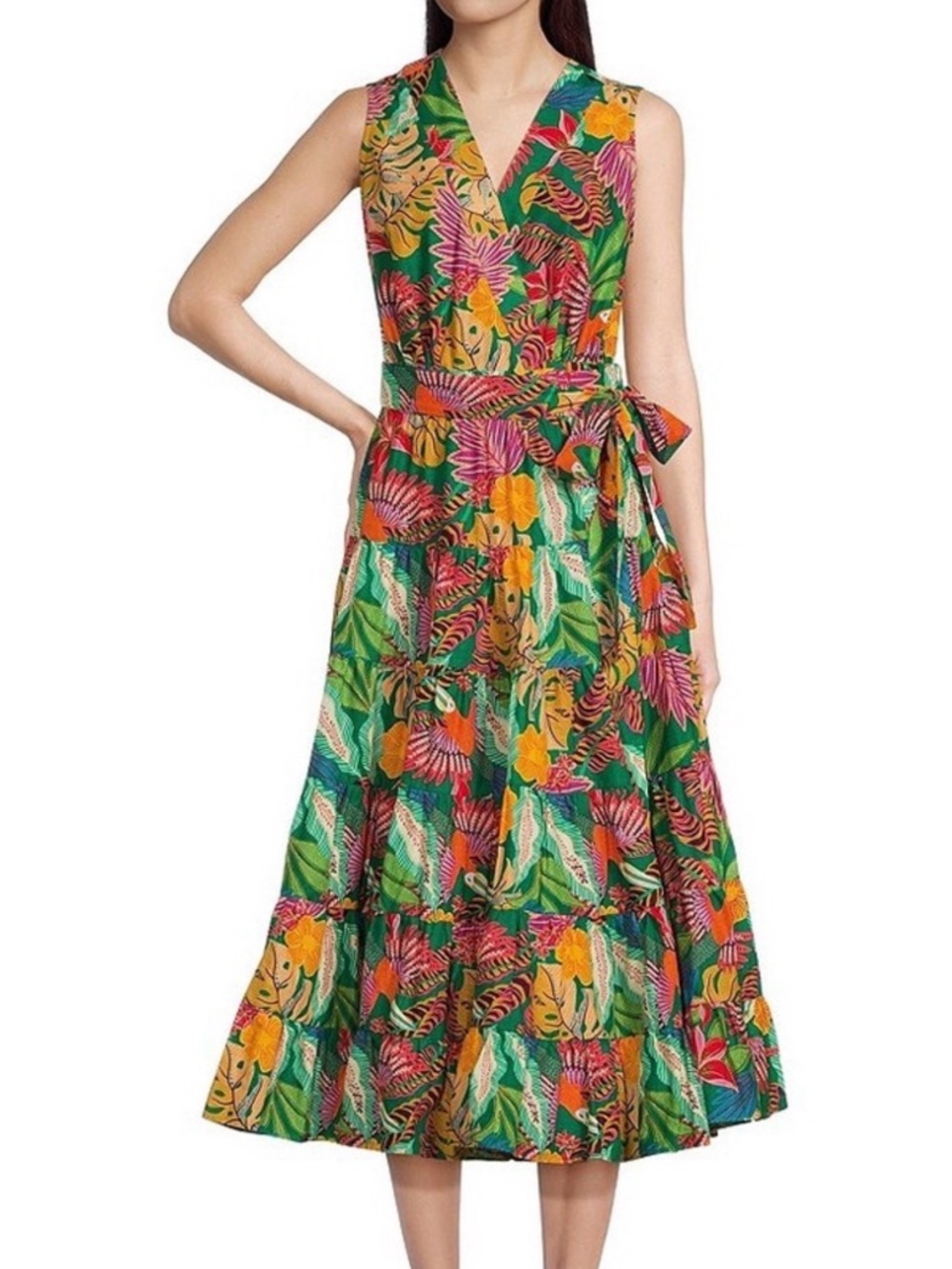 Gibson Latimer Green Pink Orange Tropical-Print Sleeveless Wrap Maxi Dress Sz XL